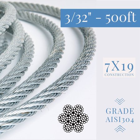 Laureola Industries 3/32" Stainless Steel Aircraft Wire Rope 304 Grade 7x19, 500 ft ZAG332-SS304-719-500